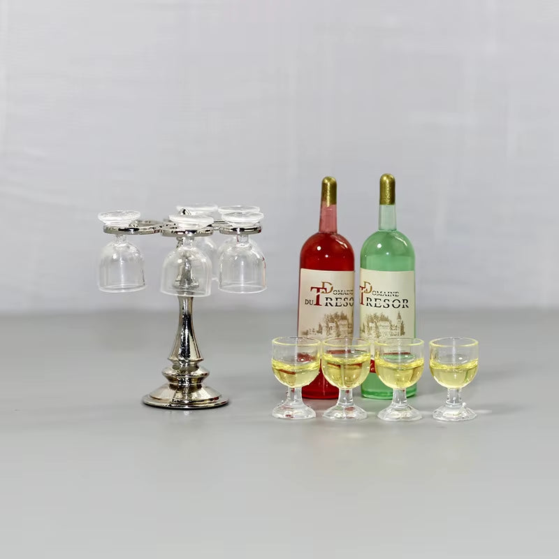 1 Set Miniature Dollhouse Bar Counter Mini Wine Bottle Champagne Glass Holder Rack Play Kitchen Furniture Toy Doll Accessories
