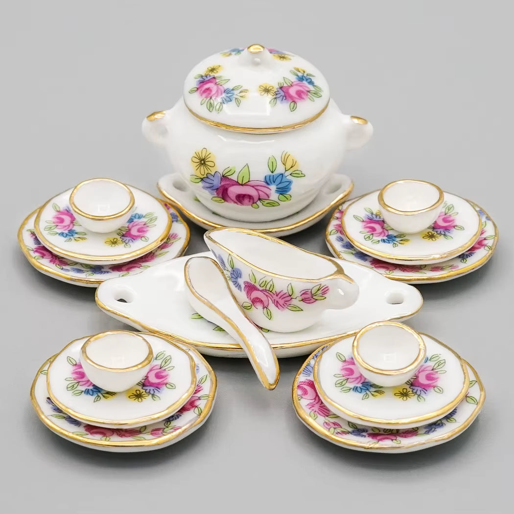 1:12 Miniature 8/17PCS Porcelain Rose Tea Cup Set Ceramic Tableware Teapot Kitchen Dollhouse Accessories Doll House Decor