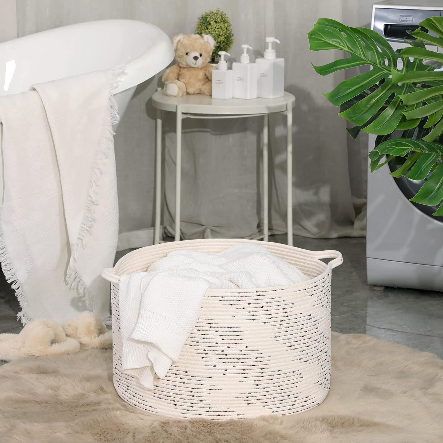 Large Blanket Basket (20"X13"),Woven Baskets for Storage Baby Laundry Hamper,Cotton Rope Blanket Basket for Living Room, Laundry, Nursery, Pillows, off White with Blue & Brown Dotted Pattern