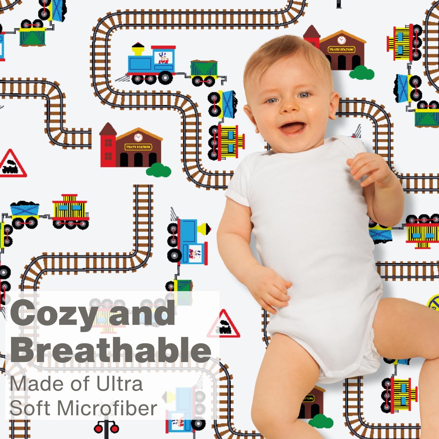 Baby Boy Fitted Crib Sheet Choo Choo Train, 100% Soft Breathable Microfiber Baby Sheet, Fits Standard Size Crib Mattress 28In X 52In, Nursery Sheet
