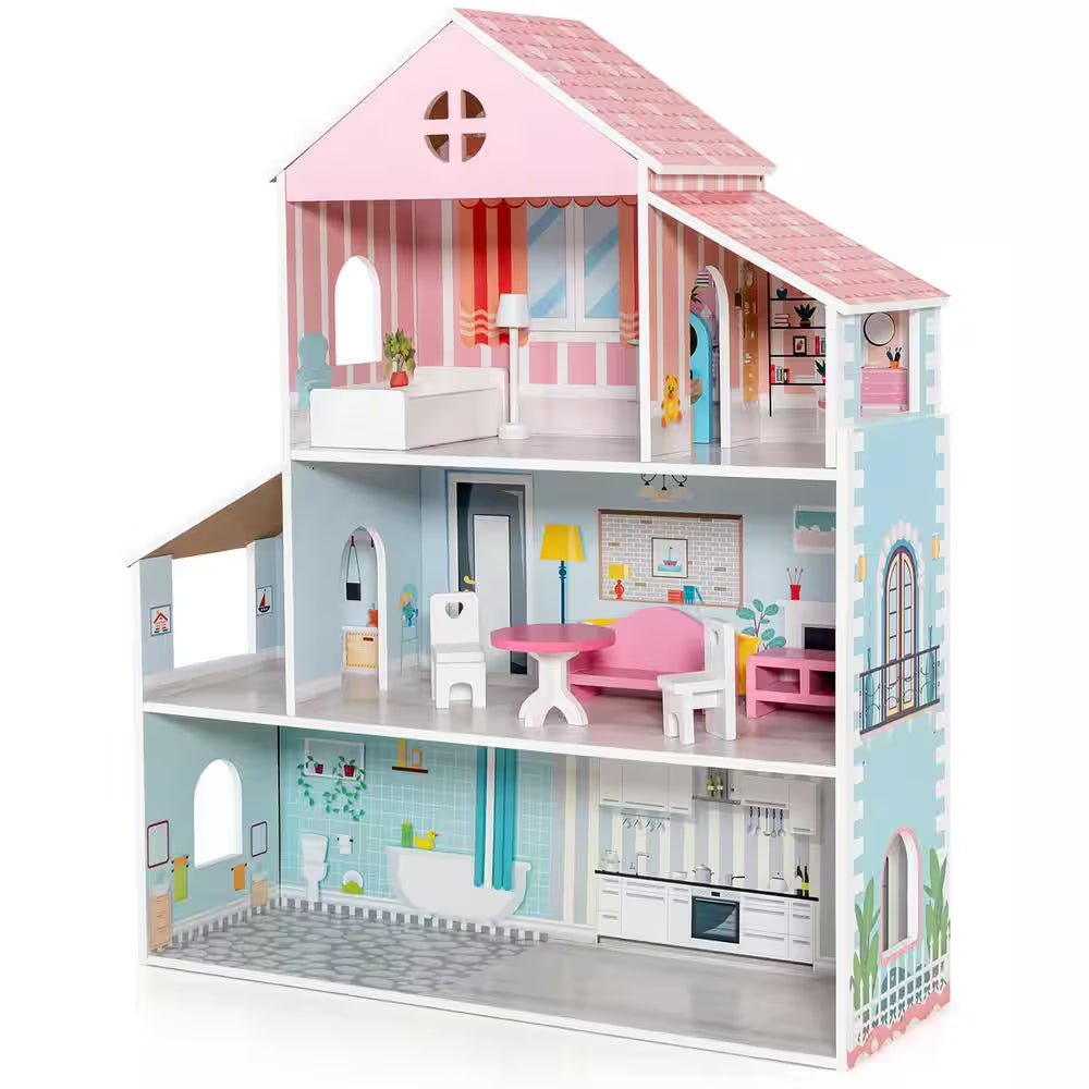 Wooden Dollhouse for Kids 3-Tier Toddler Doll House with Furniture Gift for Age 3 Plus