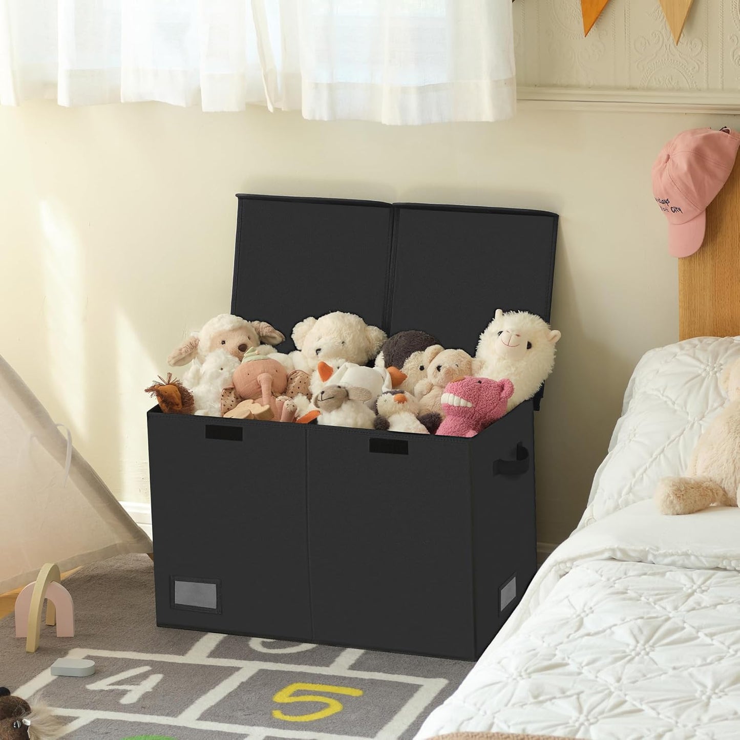 Toy Chest with Lids, Foldable Toy Storage Organizer with Handles, Stuffed Animal Storage for Nursery Room Playroom, Living Room, Large Toy Box for Boys and Girls, Black