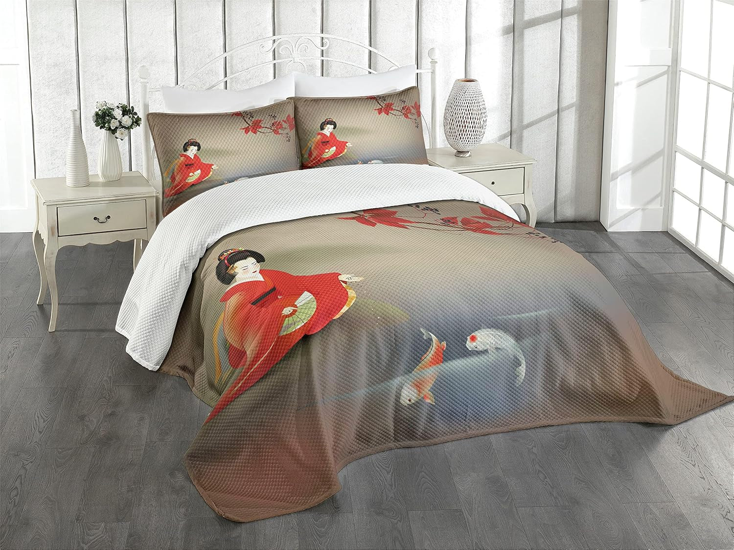 Koi Fish Bedspread, Geisha Feeding Beast Autumn Time Culture Eastern Vibes Oriental, Decorative Quilted 3 Piece Coverlet Set with 2 Pillow Shams, Queen Size, Sepia