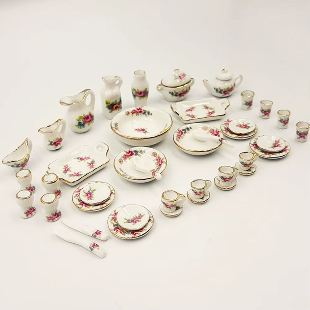 Miniature Doll House Pink Flower Patten Porcelain Coffee Tea Cups Ceramic Tableware Dollhouse Kitchen Accessories