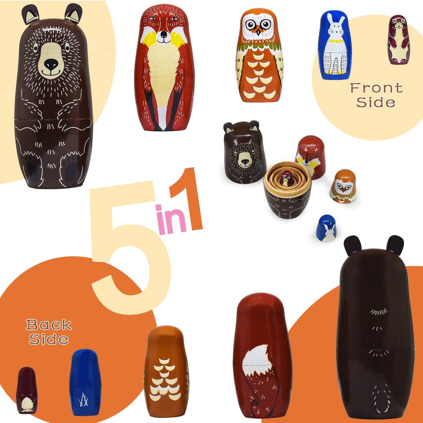 Russian Nesting Dolls Animal Bear Matryoshka Dolls Cute Handmade Wooden Toys Set of 5 for Kids(01 Bear)