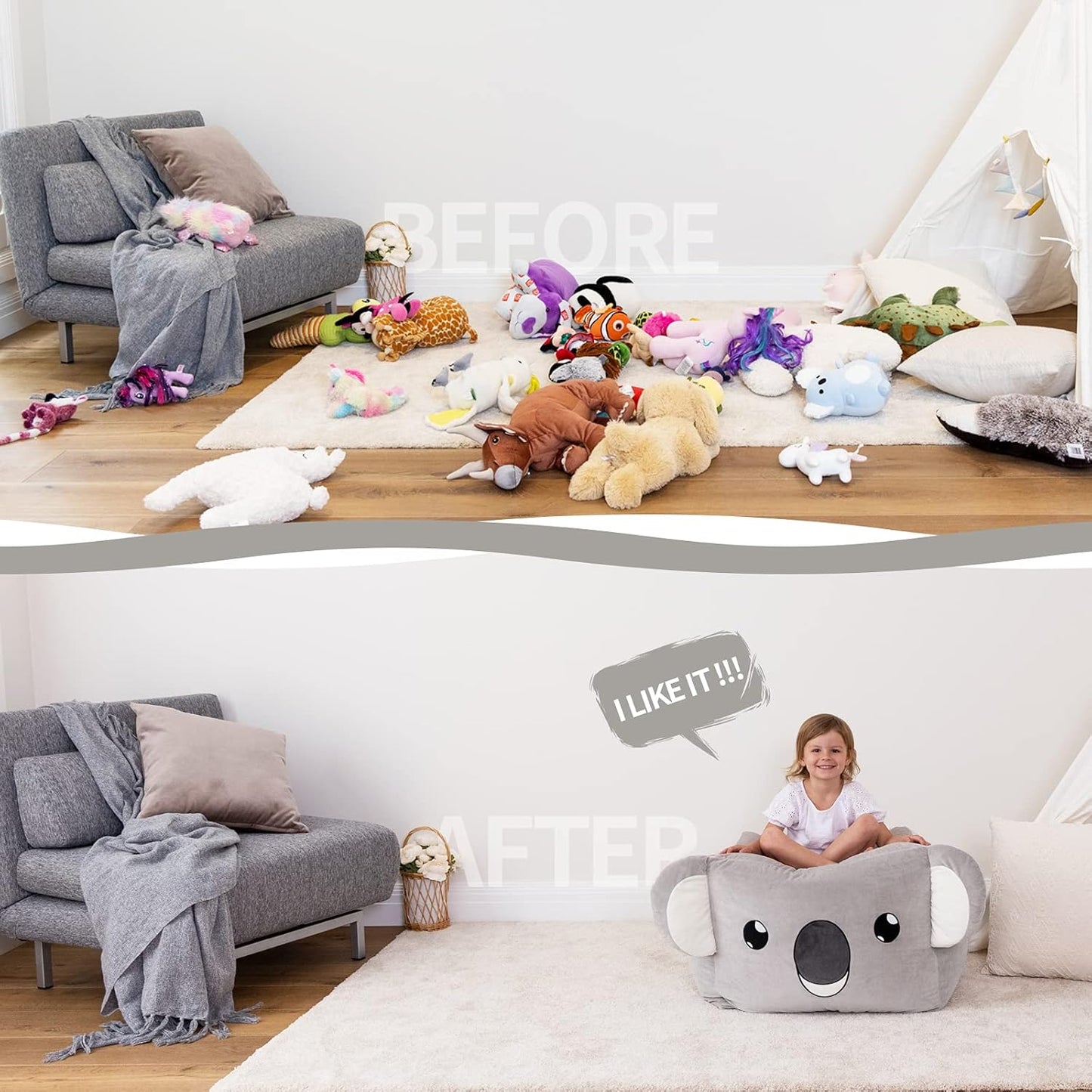 Stuffed Animal Storage Bean Bag Chairs for Kids, Velvet Extra Soft Beanbag Chair Cover, X-Large Stuffable Zipper Bean Bag for Organizing Plush Toys Boys Girls, Koala