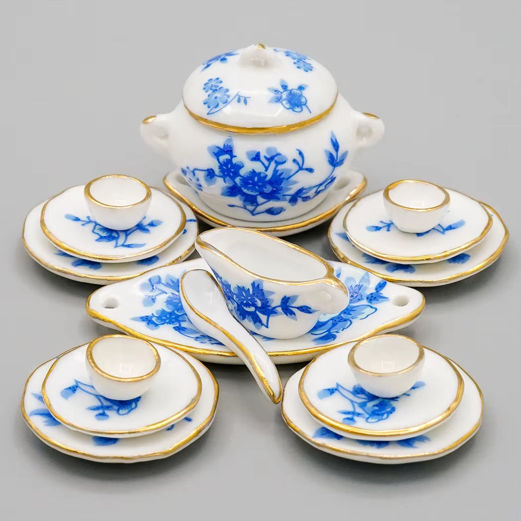 1:12 Miniature 8/17PCS Porcelain Rose Tea Cup Set Ceramic Tableware Teapot Kitchen Dollhouse Accessories Doll House Decor