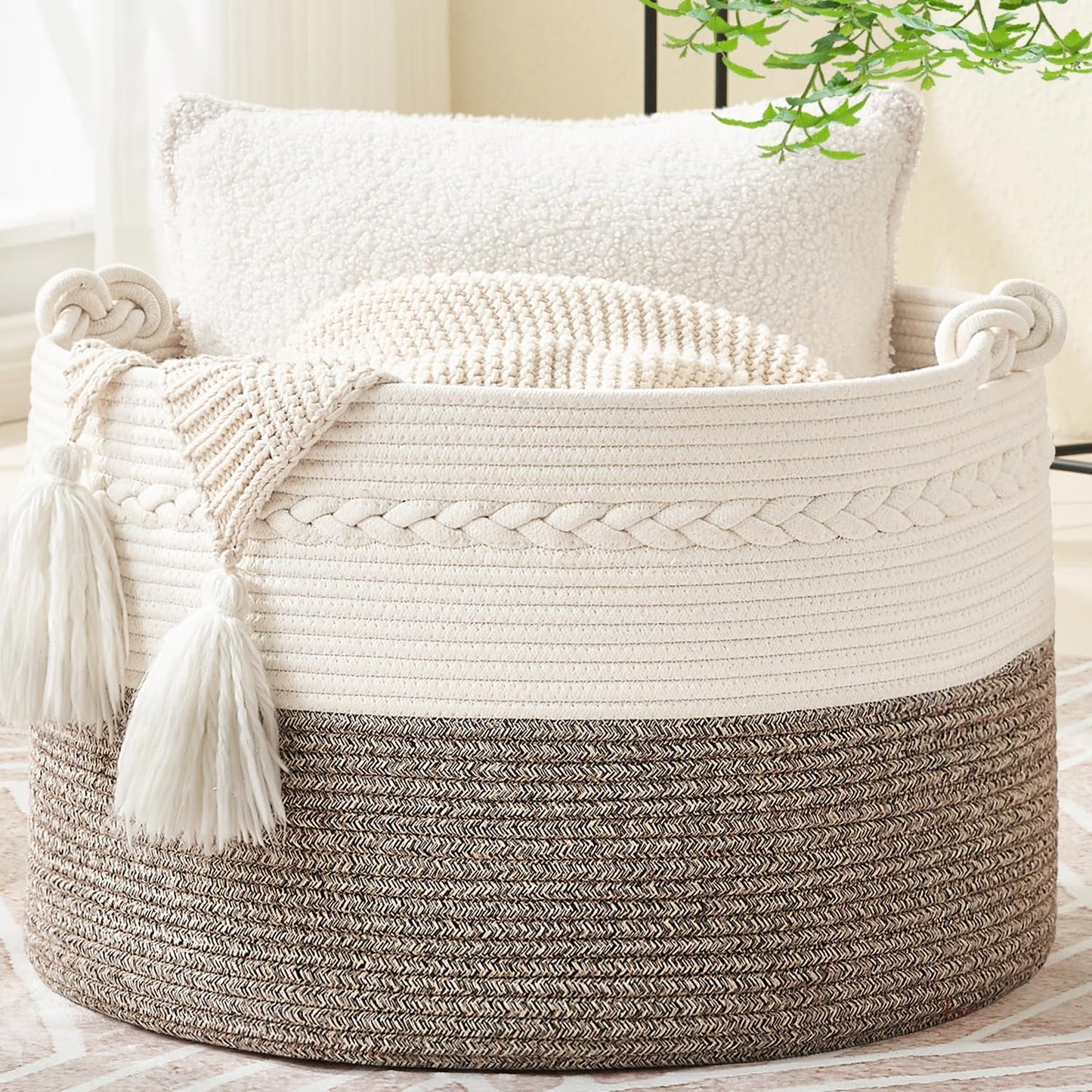 Large Blanket Basket (20"X13"),Woven Baskets for Storage Baby Laundry Hamper, Cotton Rope Blanket Basket for Living Room, Laundry, Nursery, Pillows, Baby Toy Chest (White/Beige)