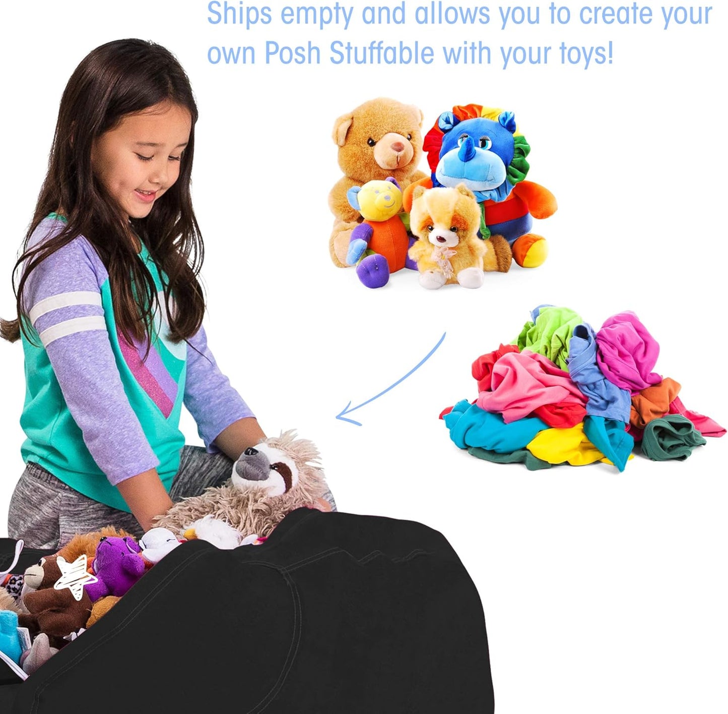 Posh Stuffable Kids Stuffed Animal Storage Bean Bag Chair Cover - Childrens Toy Organizer, Large 38" - Solid Black