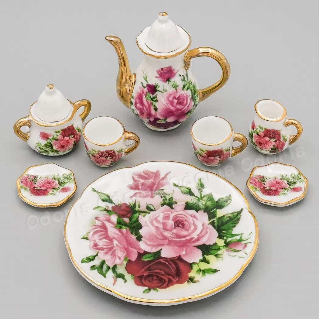 1:12 Miniature 8/17PCS Porcelain Rose Tea Cup Set Ceramic Tableware Teapot Kitchen Dollhouse Accessories Doll House Decor