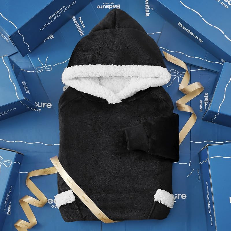 Wearable Blanket Hoodie, Cozy Long Hooded Blanket Sweatshirt as Mothers Day Hoodie Gifts for Mom Women, Standard, Black