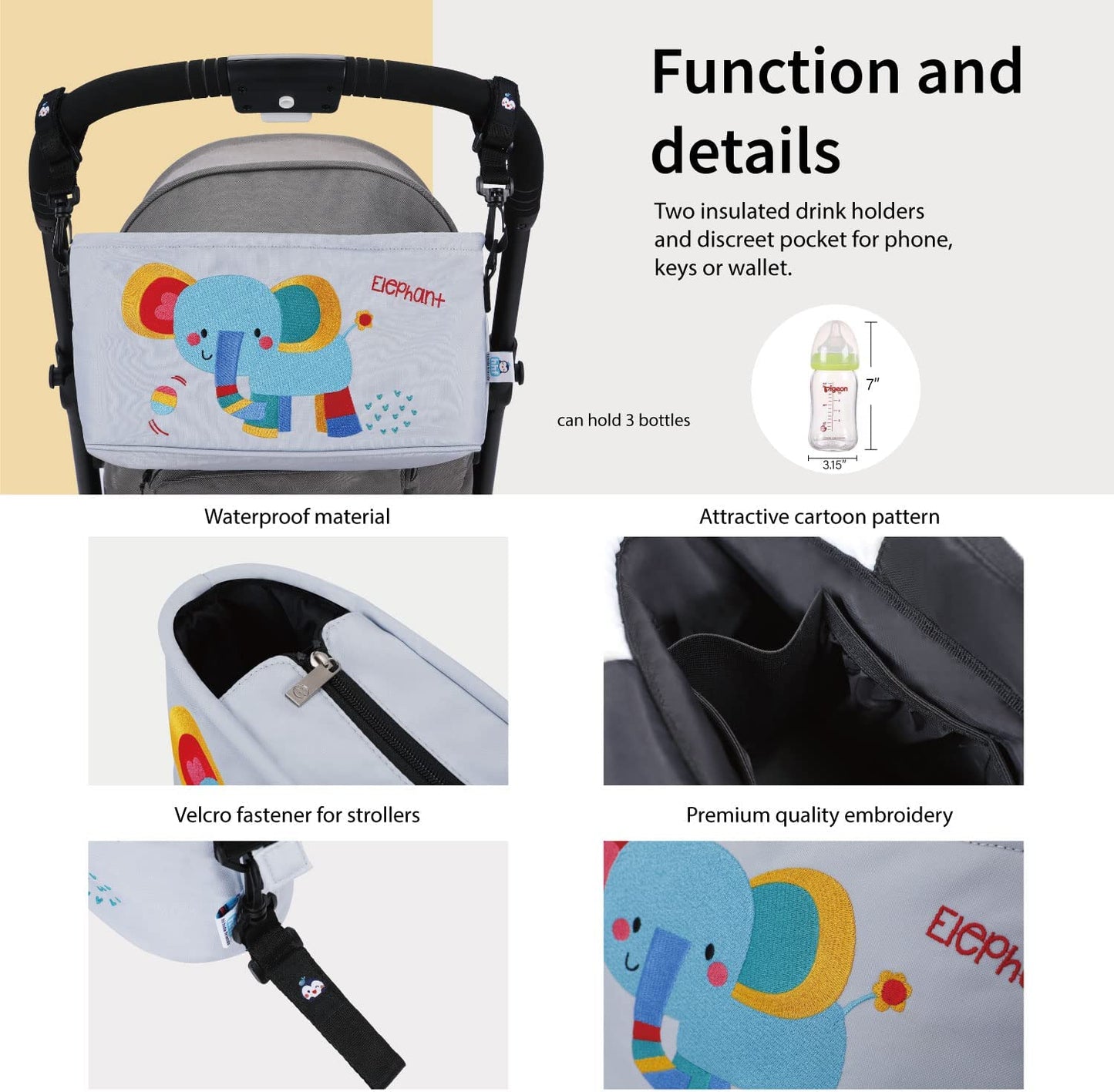 Stroller Organizer Diaper Bag Stroller Accessories Pack with Drink Holders and Zipped Pockets for Baby Stroller, Car, Shopping Cart. Fits All Major Strollers (Elephant)