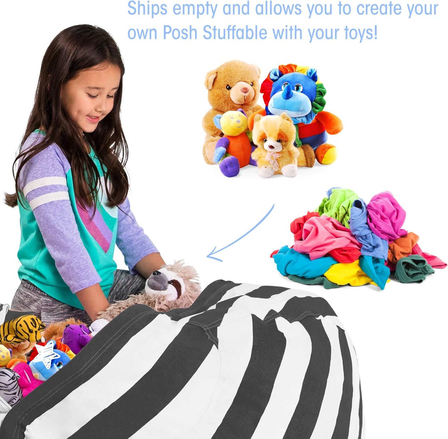 Posh Stuffable Kids Stuffed Animal Storage Bean Bag Chair Cover - Childrens Toy Organizer, X-Large 48" - Canvas Stripes Gray and White