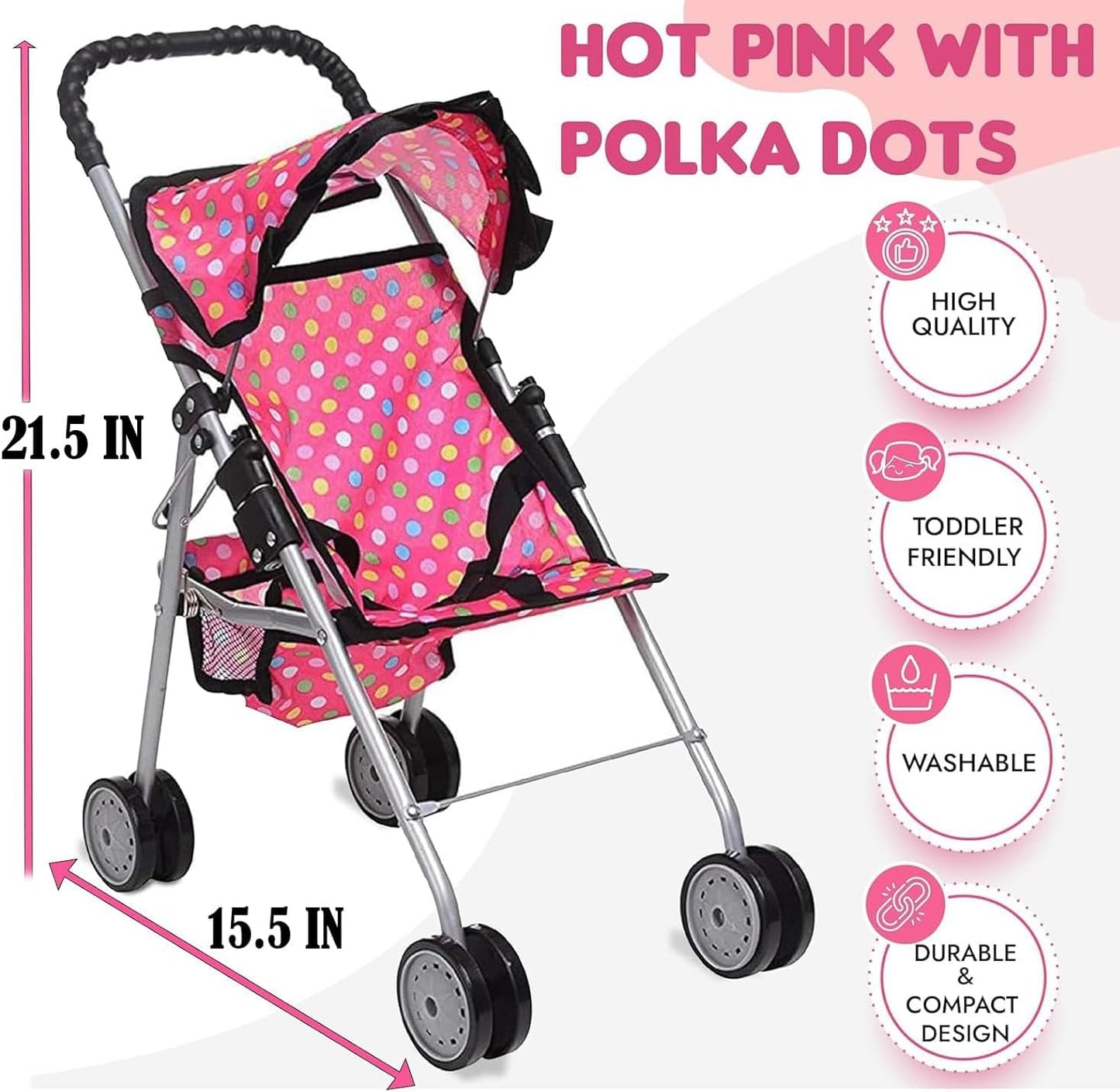 - My First Baby Doll Stroller - Pink Polka Dot Doll Stroller with Basket- Soft Grib Handle. Foldable with Hood Toy Doll Pram Baby Doll Accessories. with 2 Free Bonus Doll Bottles Included