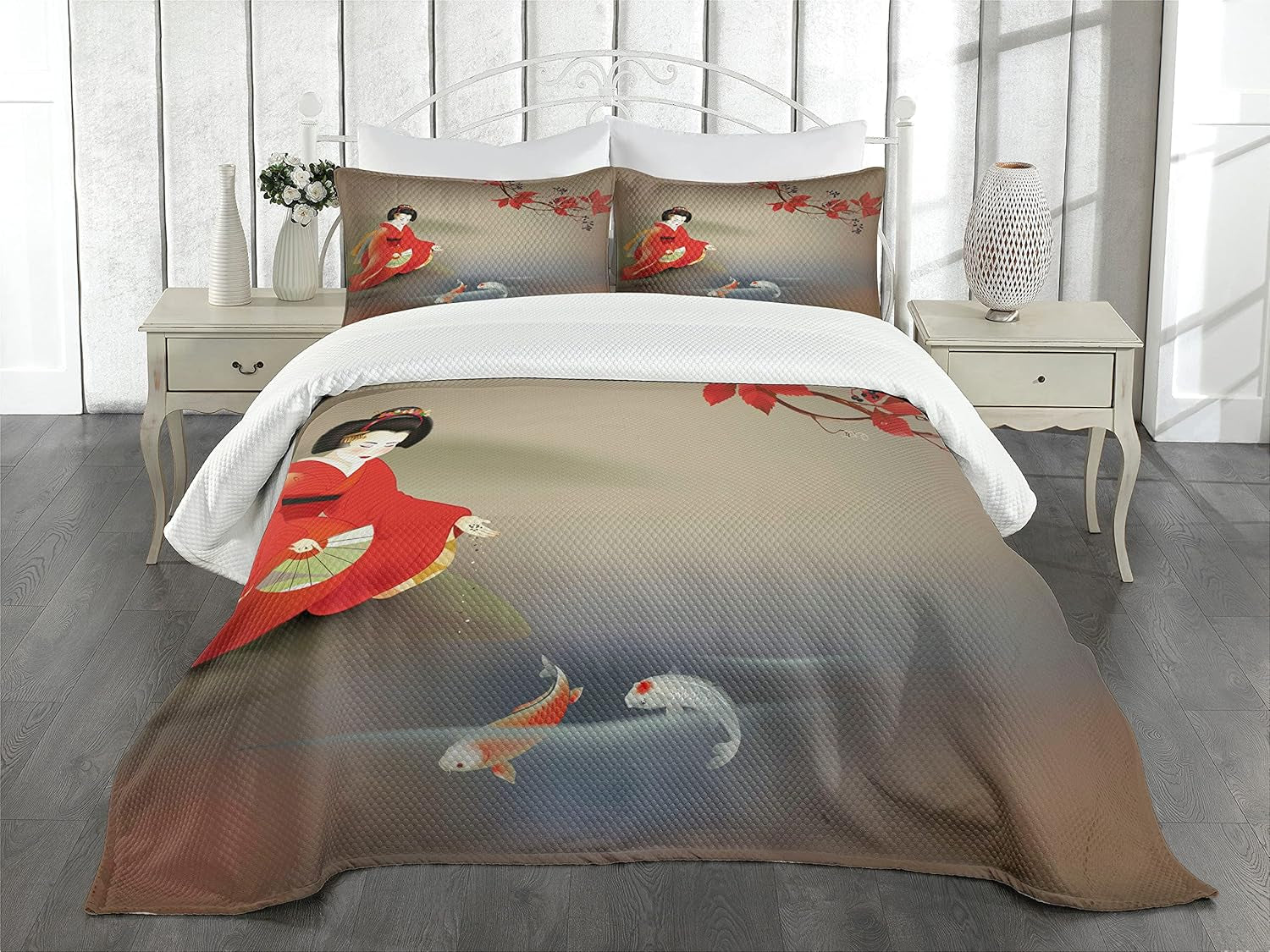Koi Fish Bedspread, Geisha Feeding Beast Autumn Time Culture Eastern Vibes Oriental, Decorative Quilted 3 Piece Coverlet Set with 2 Pillow Shams, Queen Size, Sepia