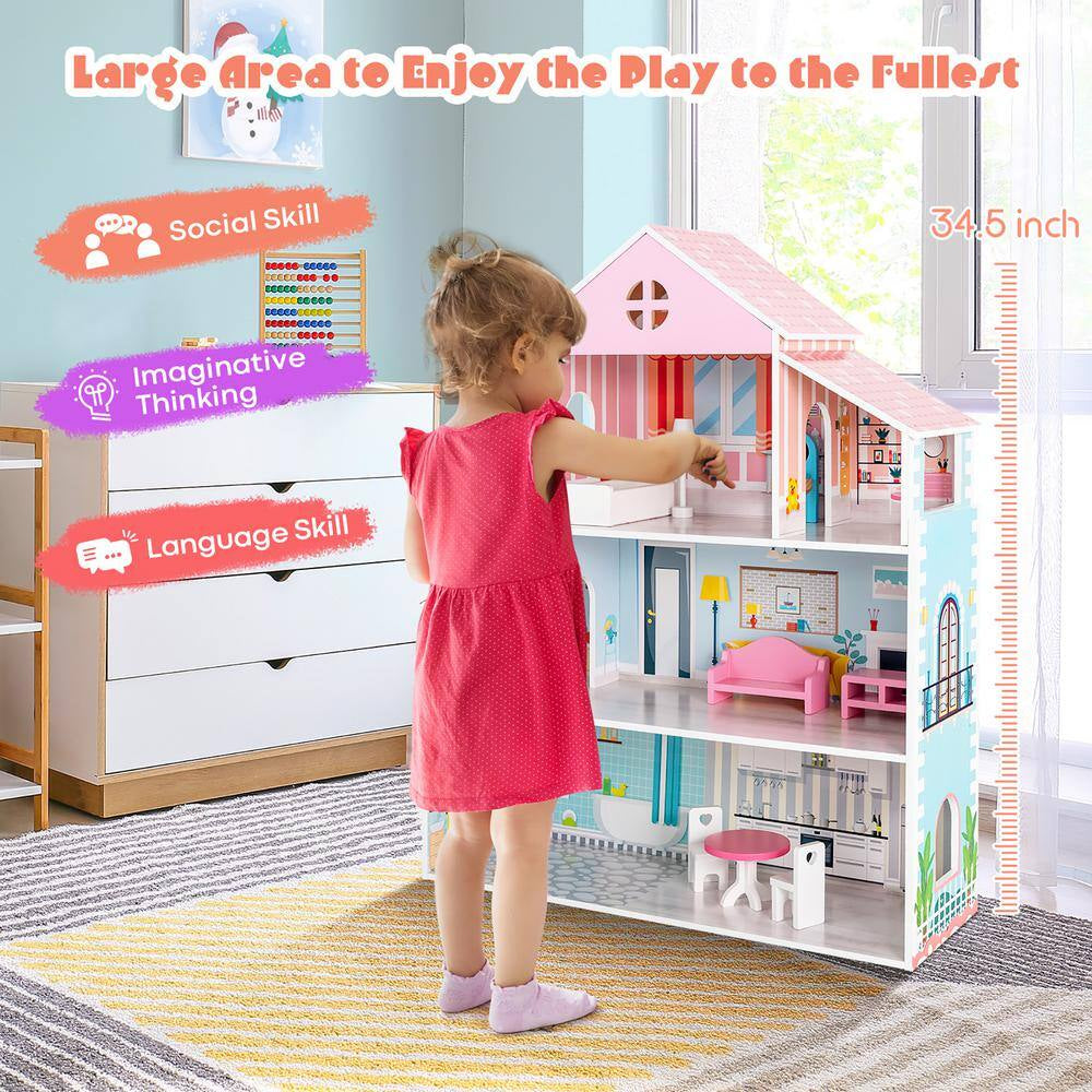 Wooden Dollhouse for Kids 3-Tier Toddler Doll House with Furniture Gift for Age 3 Plus