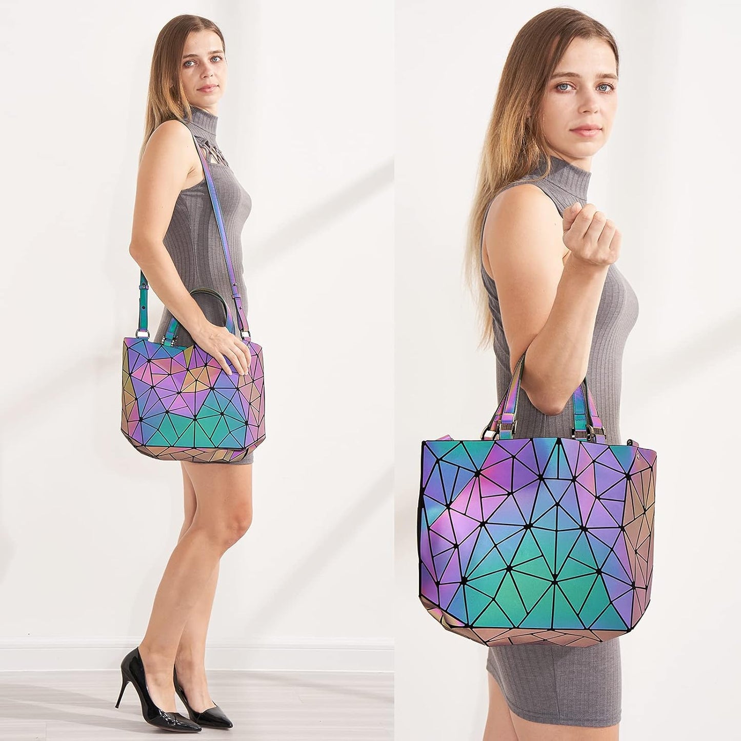 Geometric Luminous Purses and Handbags Holographic Reflective Crossbody Bag Wallet Flash Rainbow Backpack Tote