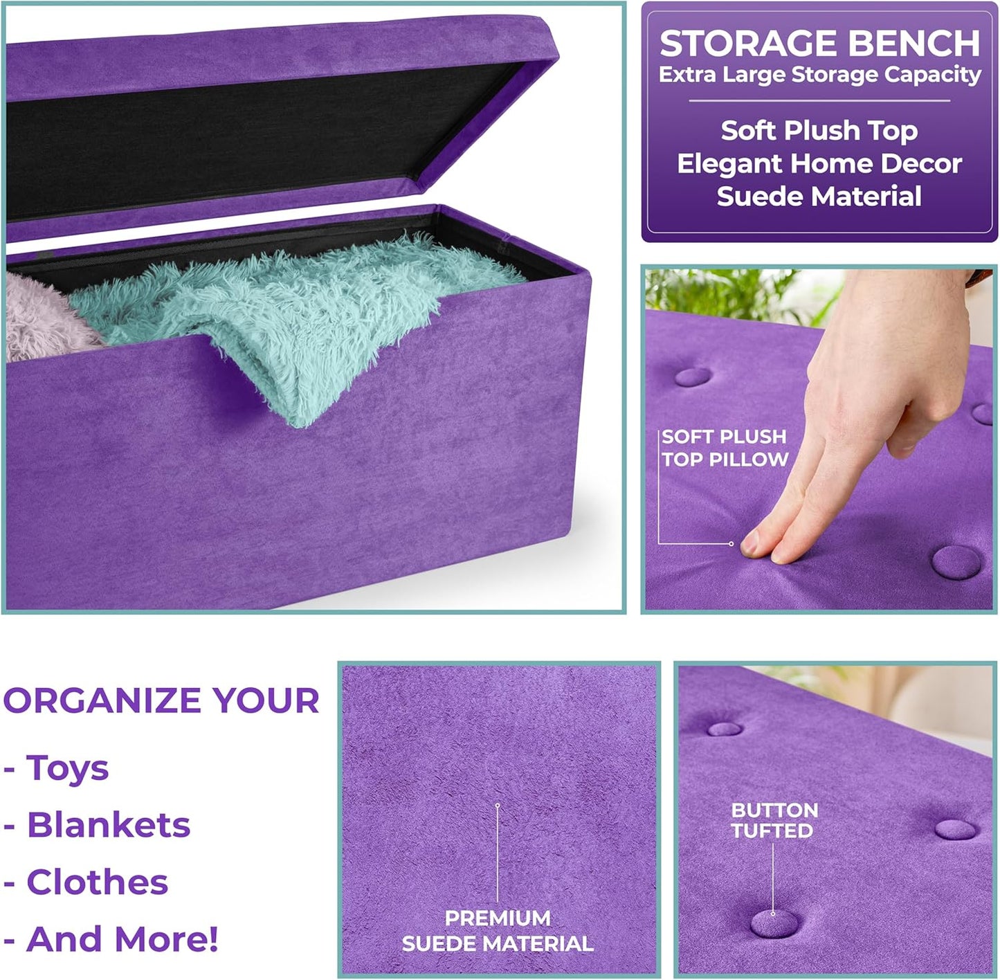 Storage Ottoman Bench – Collapsible/Folding Bench Chest with Cover – Perfect Toy and Shoe Chest, Hope Chest, Pouffe Ottoman, Seat, Foot Rest, – Contemporary Faux Suede (Purple)