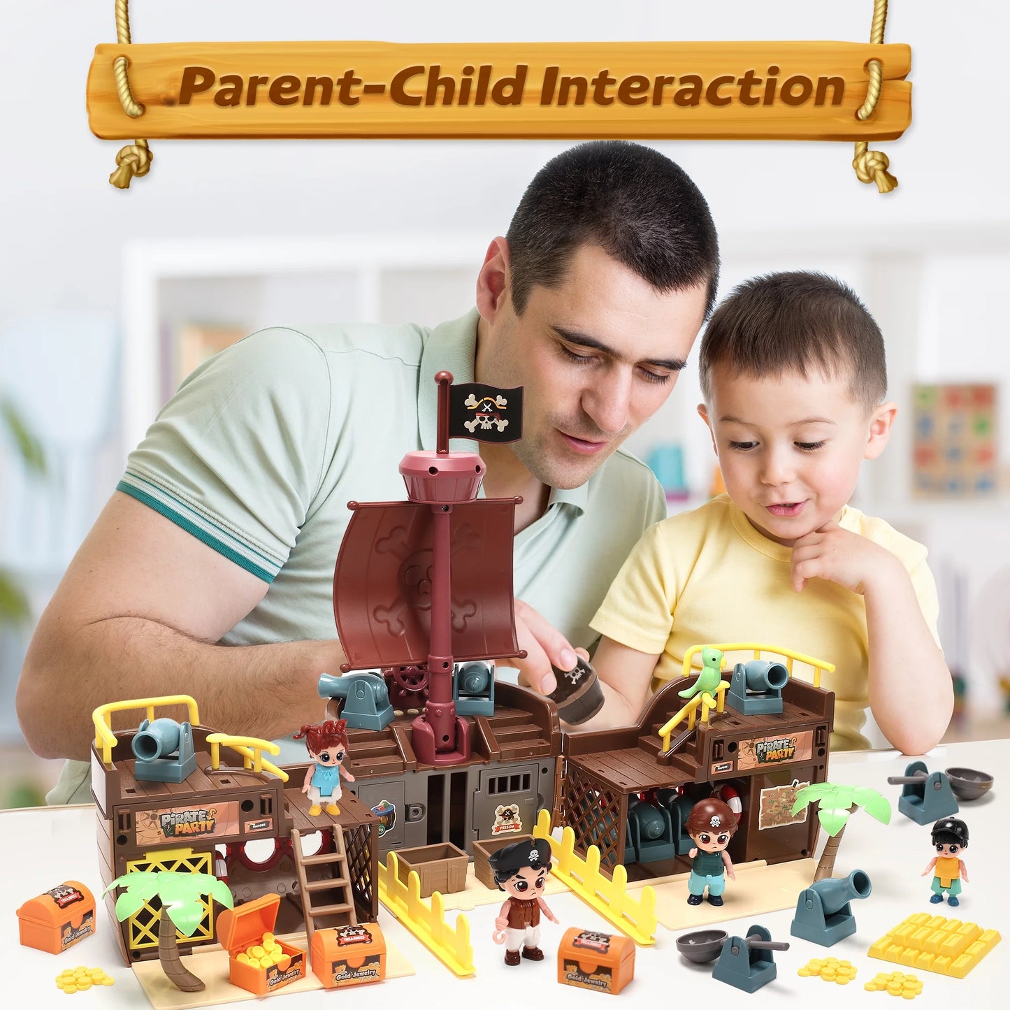 Brown Pirate Boat Toys for Kids, Toy Ship for Pirate Playhouse, Creative Building Toys, Great Birthday Gift for Boys & Girls Ages 3+