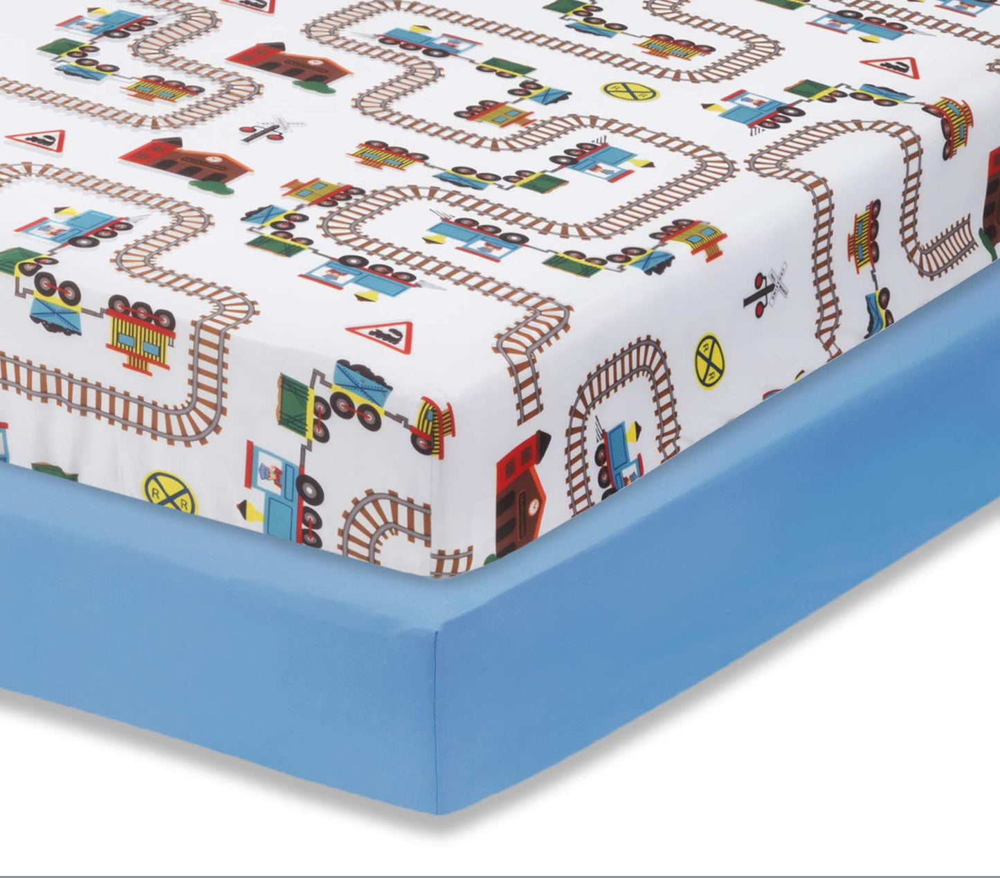 2 Pack Fitted Boys Crib Sheet, 100% Soft Breathable Sheet, Fits Standard Size Crib Mattress 28In X 52In, Nursery Sheet - Train/Light Blue