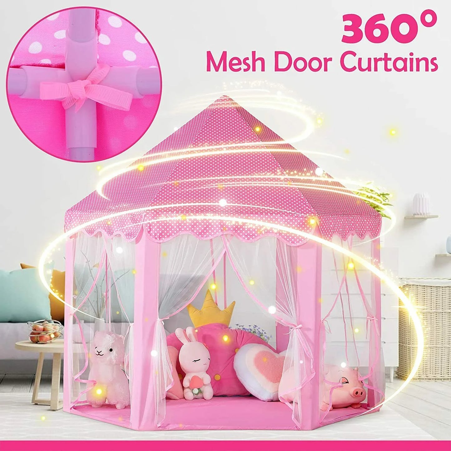 Kids Teepee Tent with Lights, Washable Foldable Teepee Tent for Kids Indoor Tent, Outdoor Play Tent for Girls & Boys
