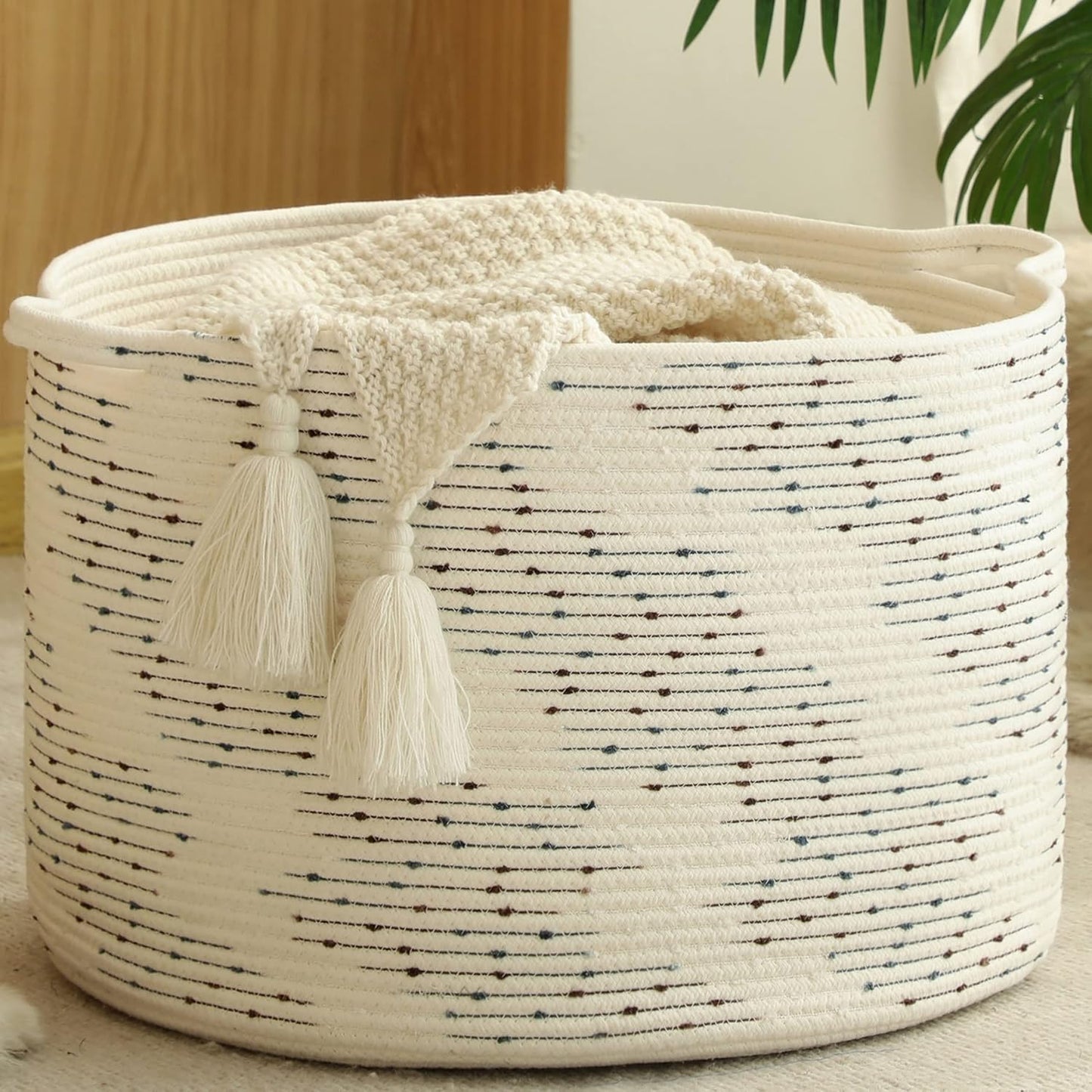 Large Blanket Basket (20"X13"),Woven Baskets for Storage Baby Laundry Hamper,Cotton Rope Blanket Basket for Living Room, Laundry, Nursery, Pillows, off White with Blue & Brown Dotted Pattern