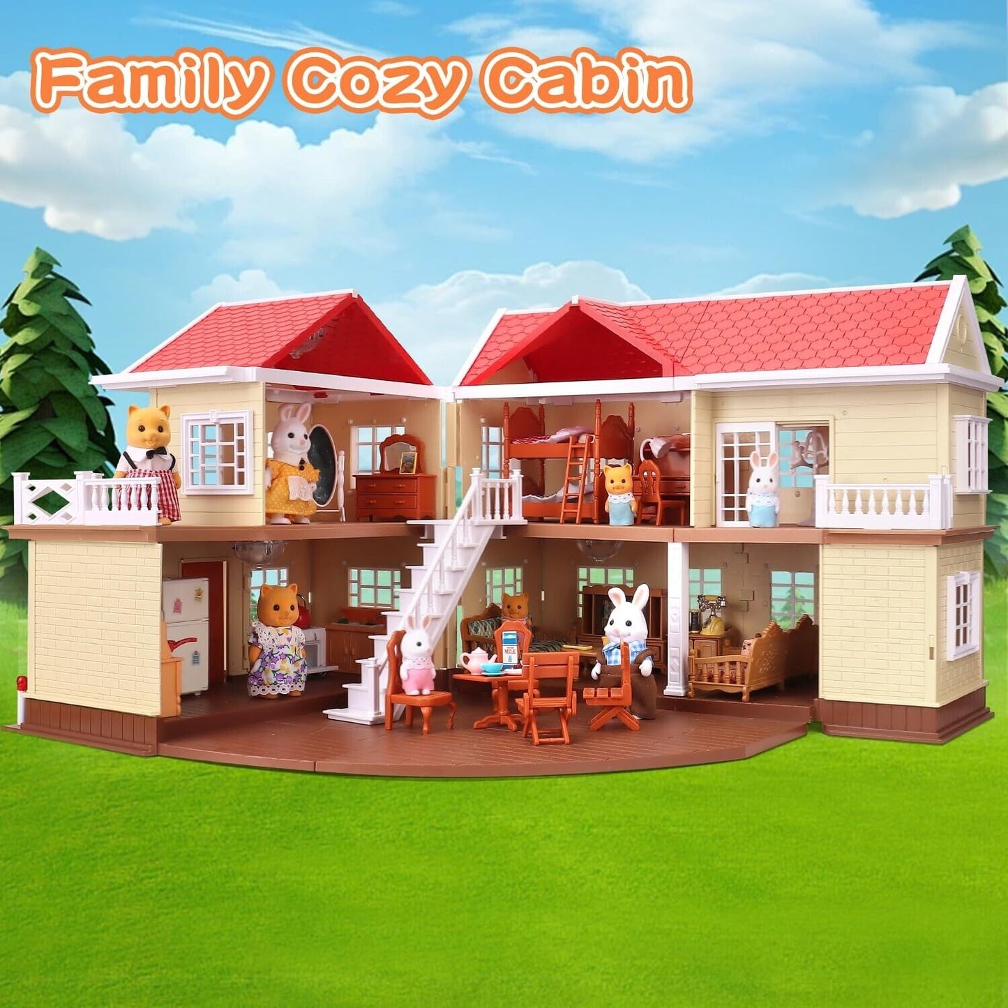 Family Cozy Cabin Doll House Playset, Dollhouse Furniture and Accessories,Di