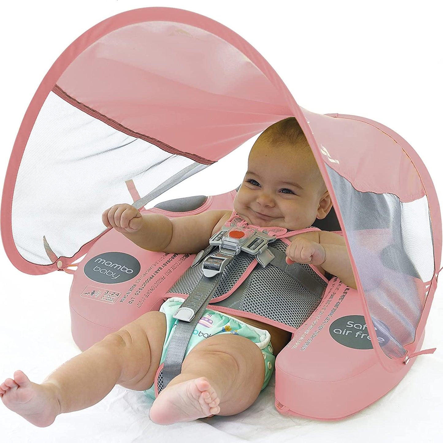 Upgraded Baby Float Non-Inflatable baby Swim Ring, Infant Soft Solid Swimming Trainer, Baby Pool Float with Removable UPF 50+ UV Sun Protection Canopy (Pink Ladybug)