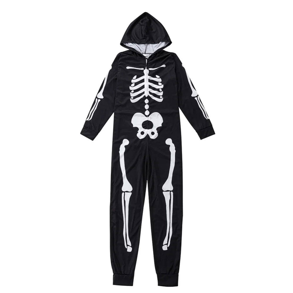 Matching Halloween Pajamas Family Skeleton Jumpsuit Halloween Hooded One-Piece Zipper Sleepwear Holiday Loungewear for Men Women Kids