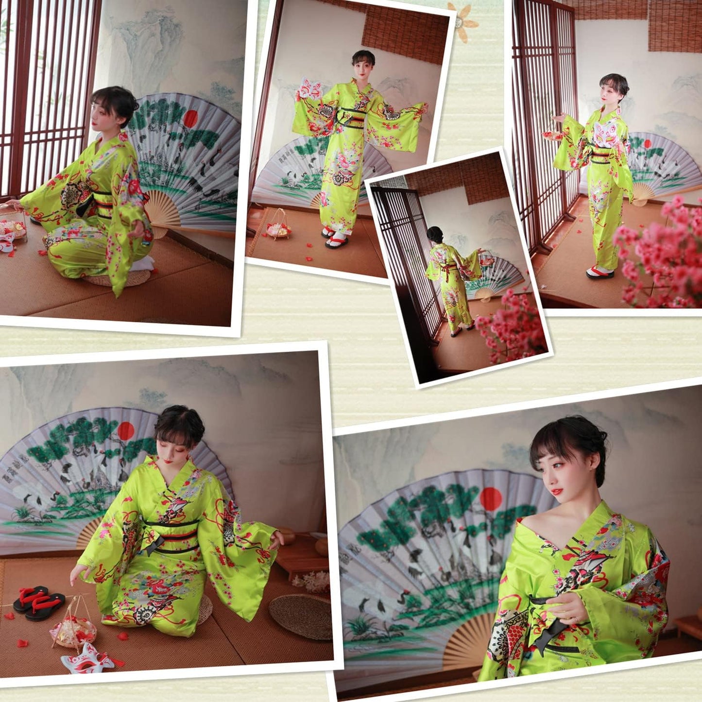 Japanese Anime Women'S Kimono Robe Geisha Yukata Sweet Dress Blossom Satin Bathrobe Sleepwear Fans Tabi Socks Set