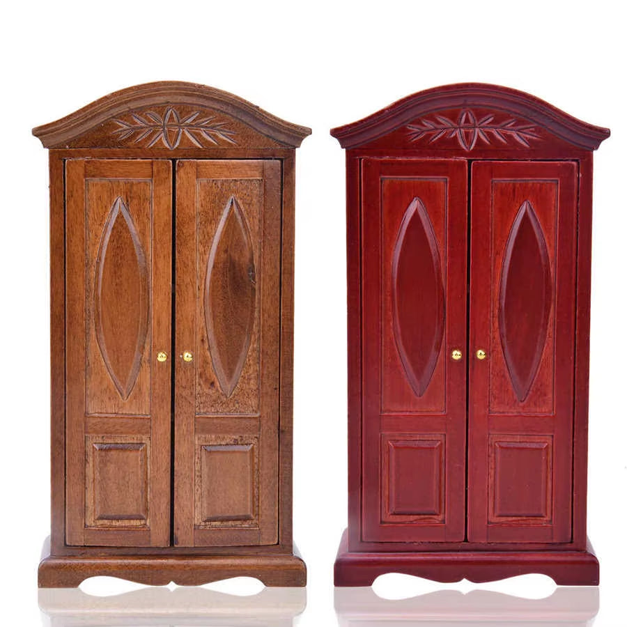 1:12 Mini Vintage Wooden Double Door Closet Wardrobe Dolls House Accessory Dollhouse Furniture Toys for Children Doll House Toys