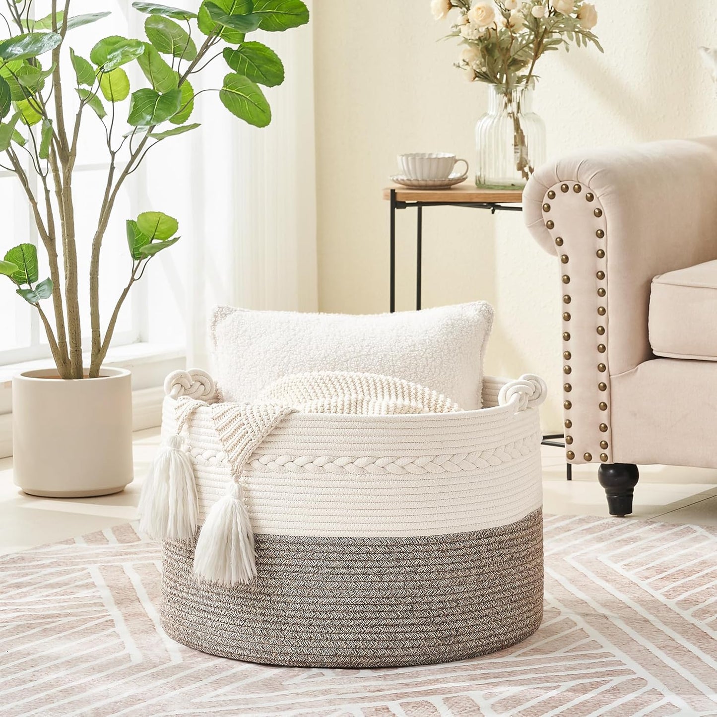 Large Blanket Basket (20"X13"),Woven Baskets for Storage Baby Laundry Hamper, Cotton Rope Blanket Basket for Living Room, Laundry, Nursery, Pillows, Baby Toy Chest (White/Beige)