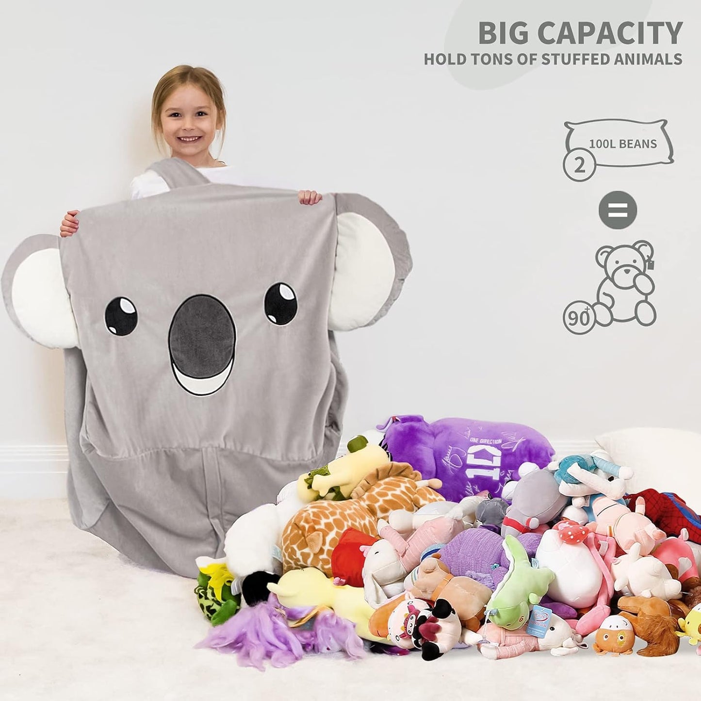 Stuffed Animal Storage Bean Bag Chairs for Kids, Velvet Extra Soft Beanbag Chair Cover, X-Large Stuffable Zipper Bean Bag for Organizing Plush Toys Boys Girls, Koala