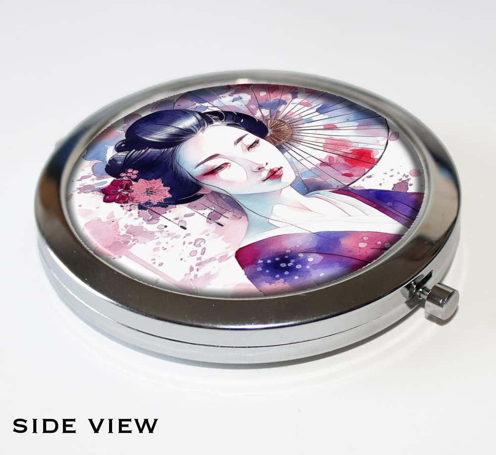 Stunning Asian Japanese Geisha with Parasol Handheld Compact Mirror Memento Keepsake Accessory