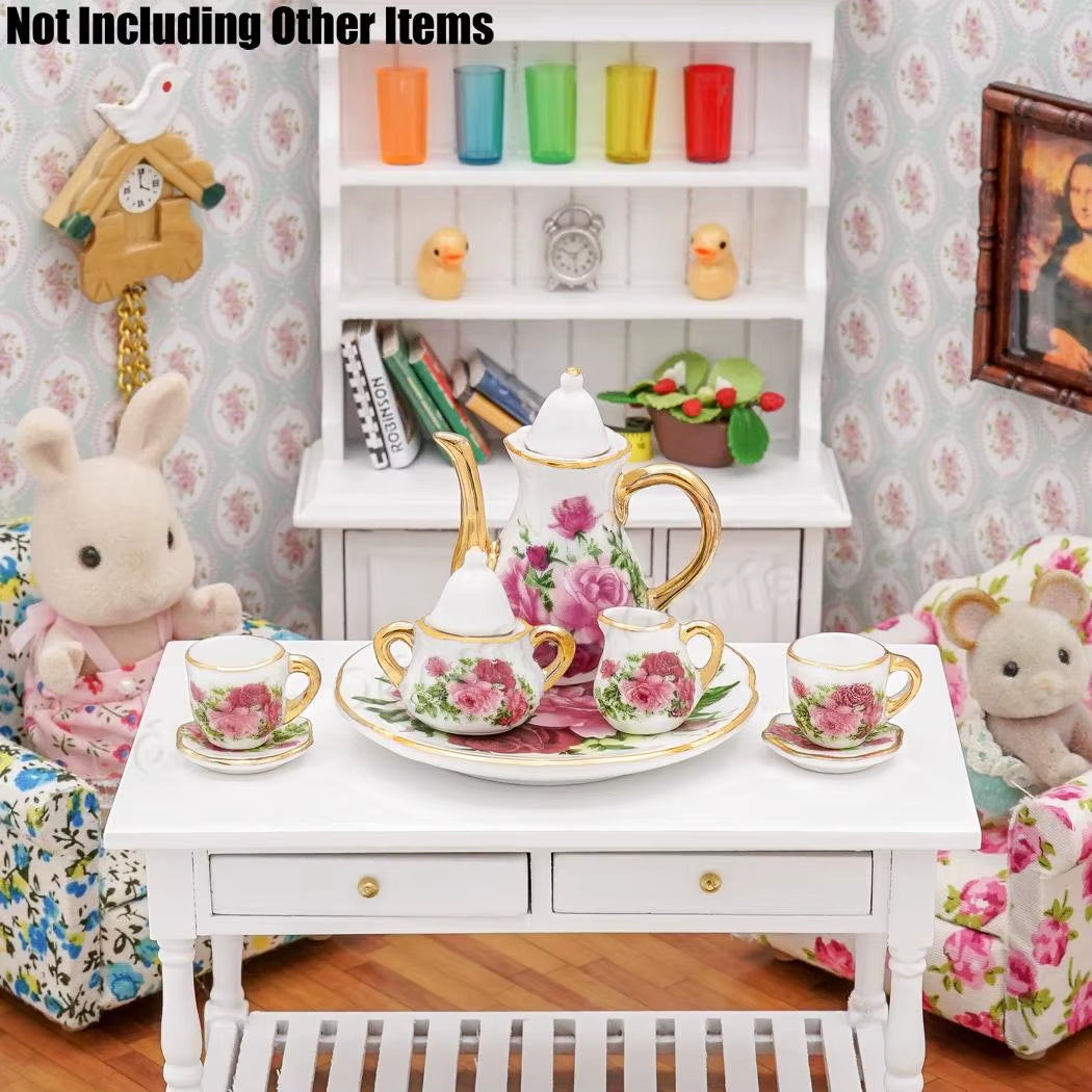 1:12 Miniature 8/17PCS Porcelain Rose Tea Cup Set Ceramic Tableware Teapot Kitchen Dollhouse Accessories Doll House Decor