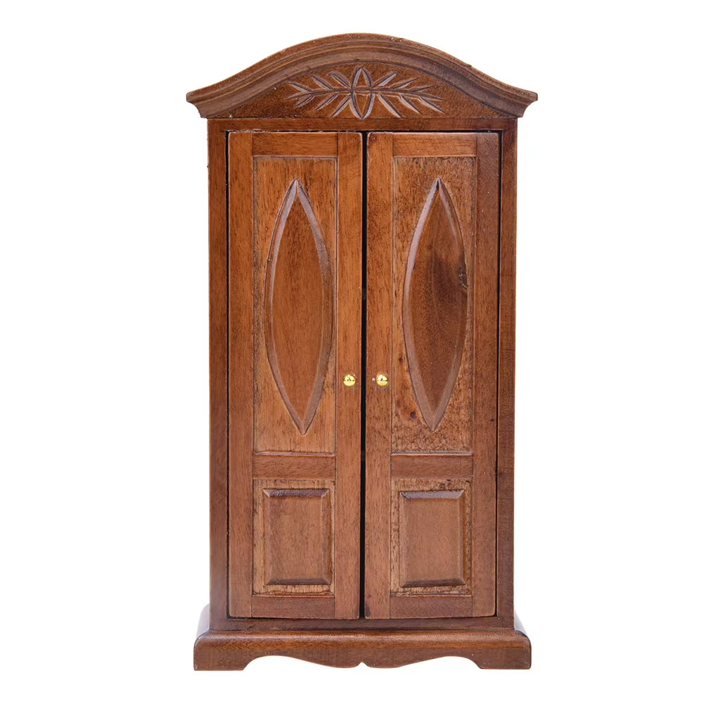 1:12 Mini Vintage Wooden Double Door Closet Wardrobe Dolls House Accessory Dollhouse Furniture Toys for Children Doll House Toys