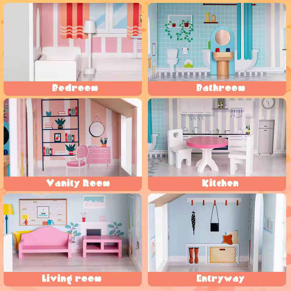 Wooden Dollhouse for Kids 3-Tier Toddler Doll House with Furniture Gift for Age 3 Plus
