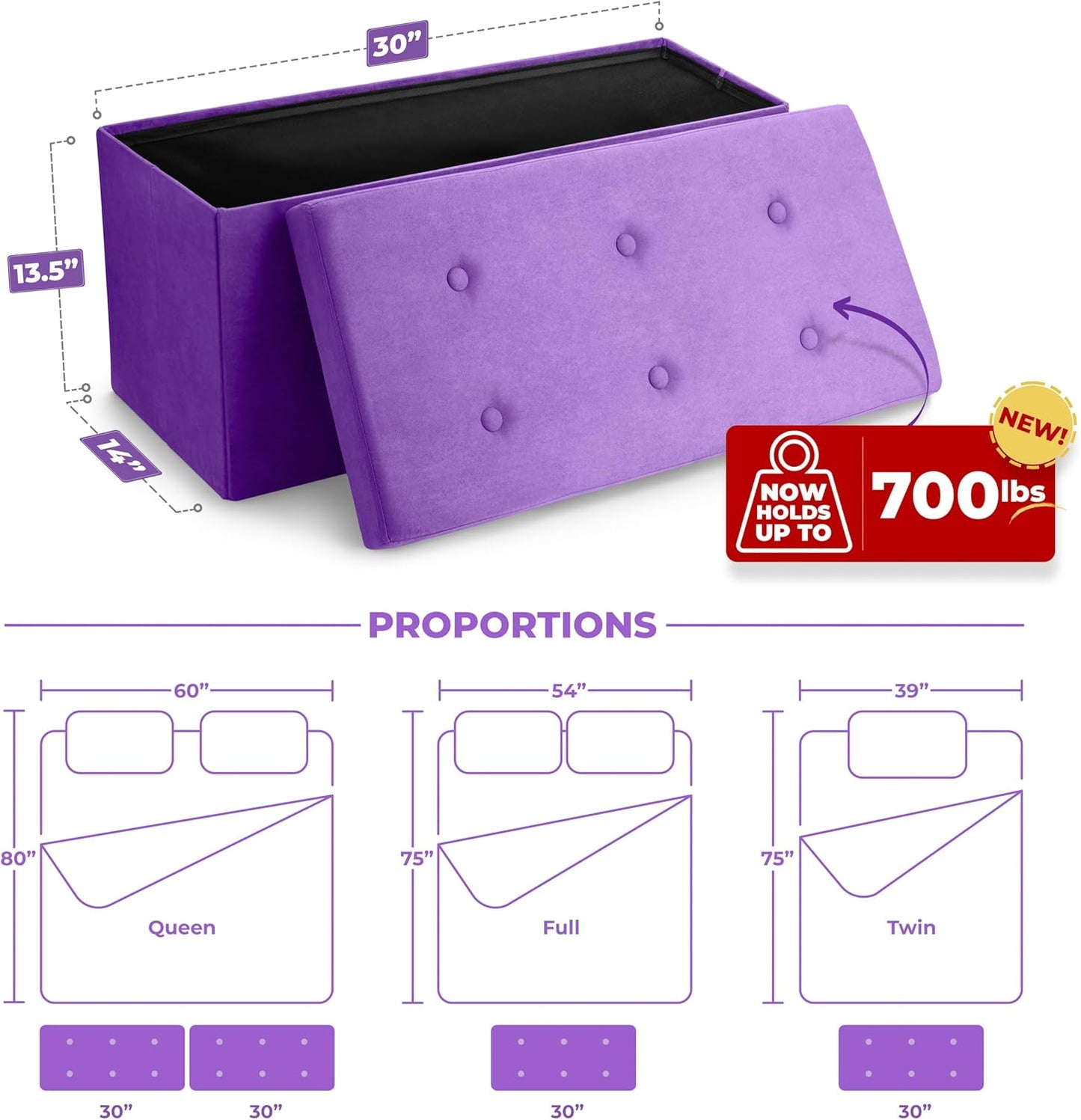 Storage Ottoman Bench – Collapsible/Folding Bench Chest with Cover – Perfect Toy and Shoe Chest, Hope Chest, Pouffe Ottoman, Seat, Foot Rest, – Contemporary Faux Suede (Purple)