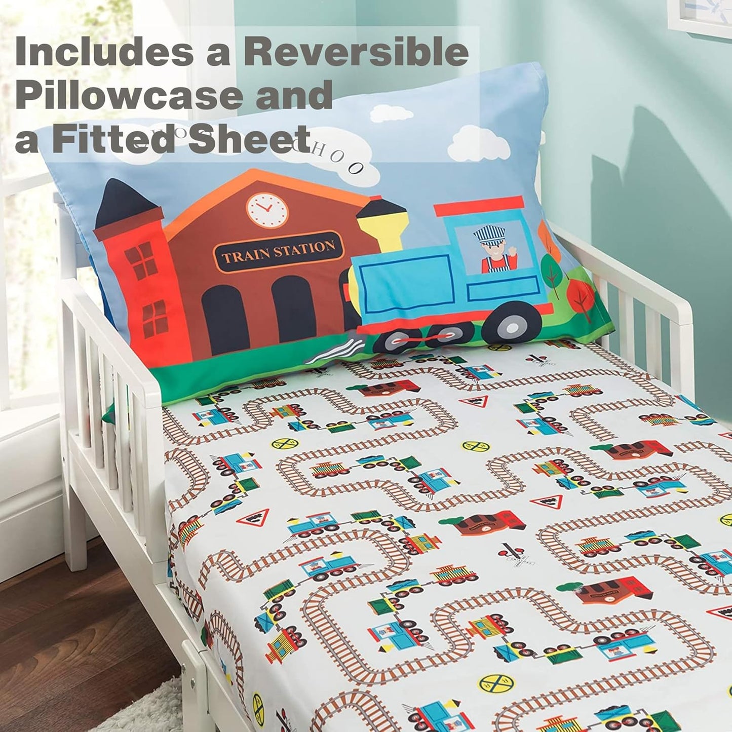 Toddler Fitted Sheet and Pillowcase Set -Choo Choo Train- Soft Breathable Microfiber Toddler Sheet Set