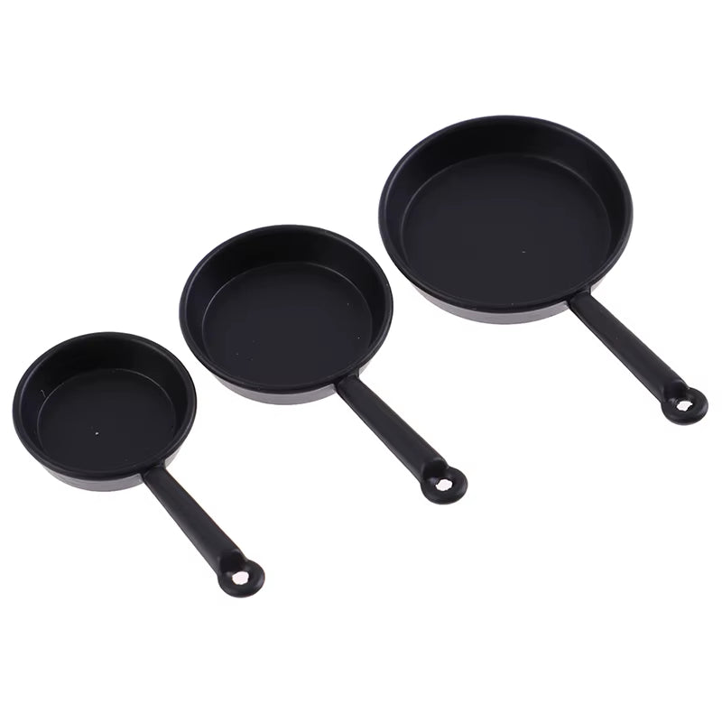 1/12 Scale Vintage 3Pcs Dollhouse Miniature Metal Frypan Frying Pans Cooking Pot Cookware Kitchen Accessory