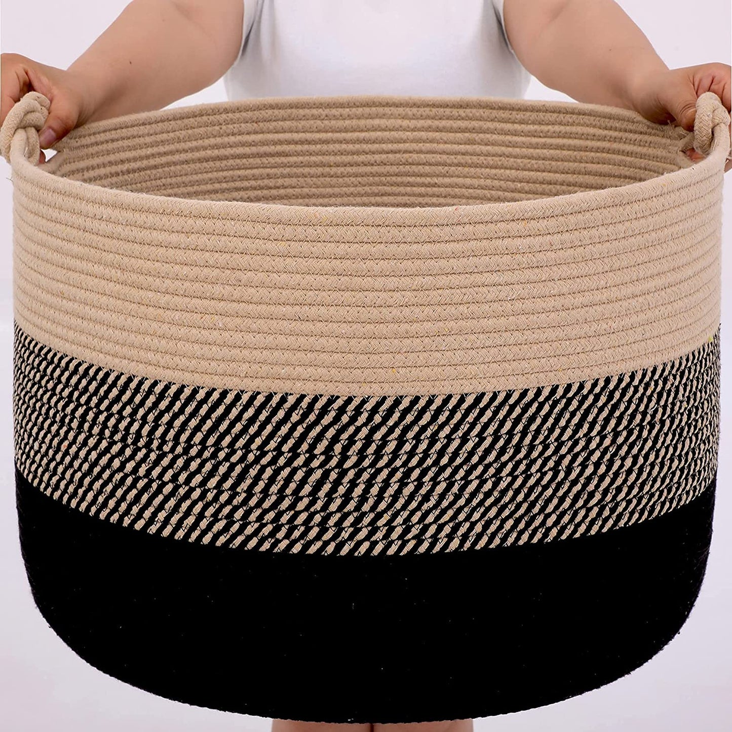 Large Blanket Basket (20"X13"),Woven Rope Baskets for Storage Baby Laundry Hamper, Cotton Rope Blanket Basket for Living Room, Laundry, Nursery, Pillows,Baby Toy Chest (Jute/Black)