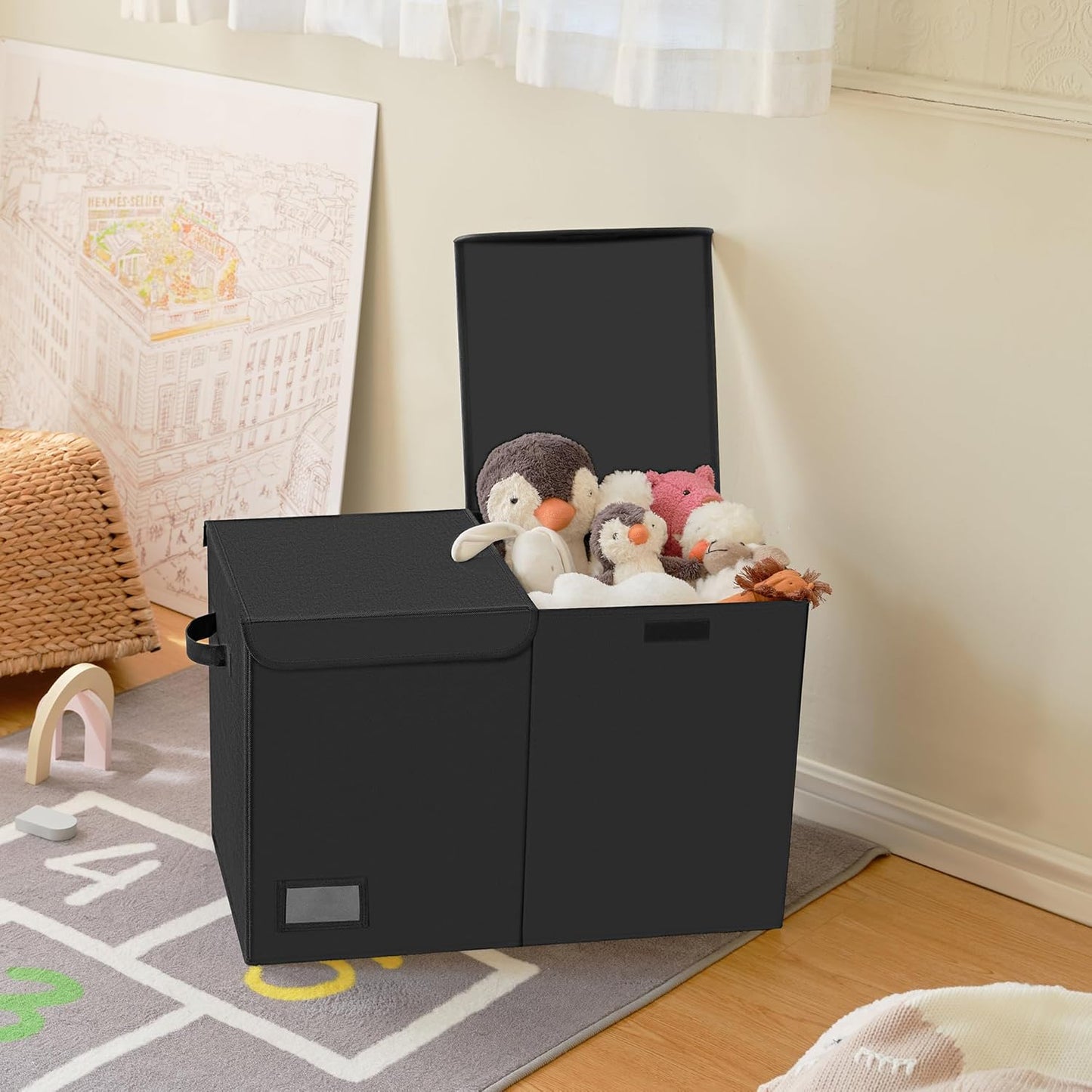Toy Chest with Lids, Foldable Toy Storage Organizer with Handles, Stuffed Animal Storage for Nursery Room Playroom, Living Room, Large Toy Box for Boys and Girls, Black