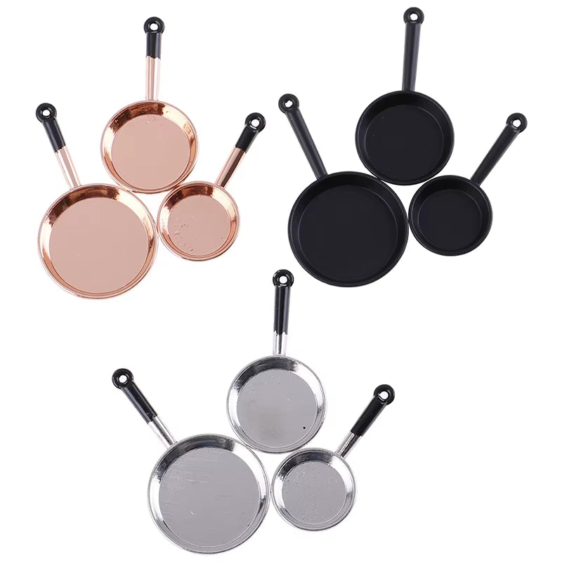 1/12 Scale Vintage 3Pcs Dollhouse Miniature Metal Frypan Frying Pans Cooking Pot Cookware Kitchen Accessory