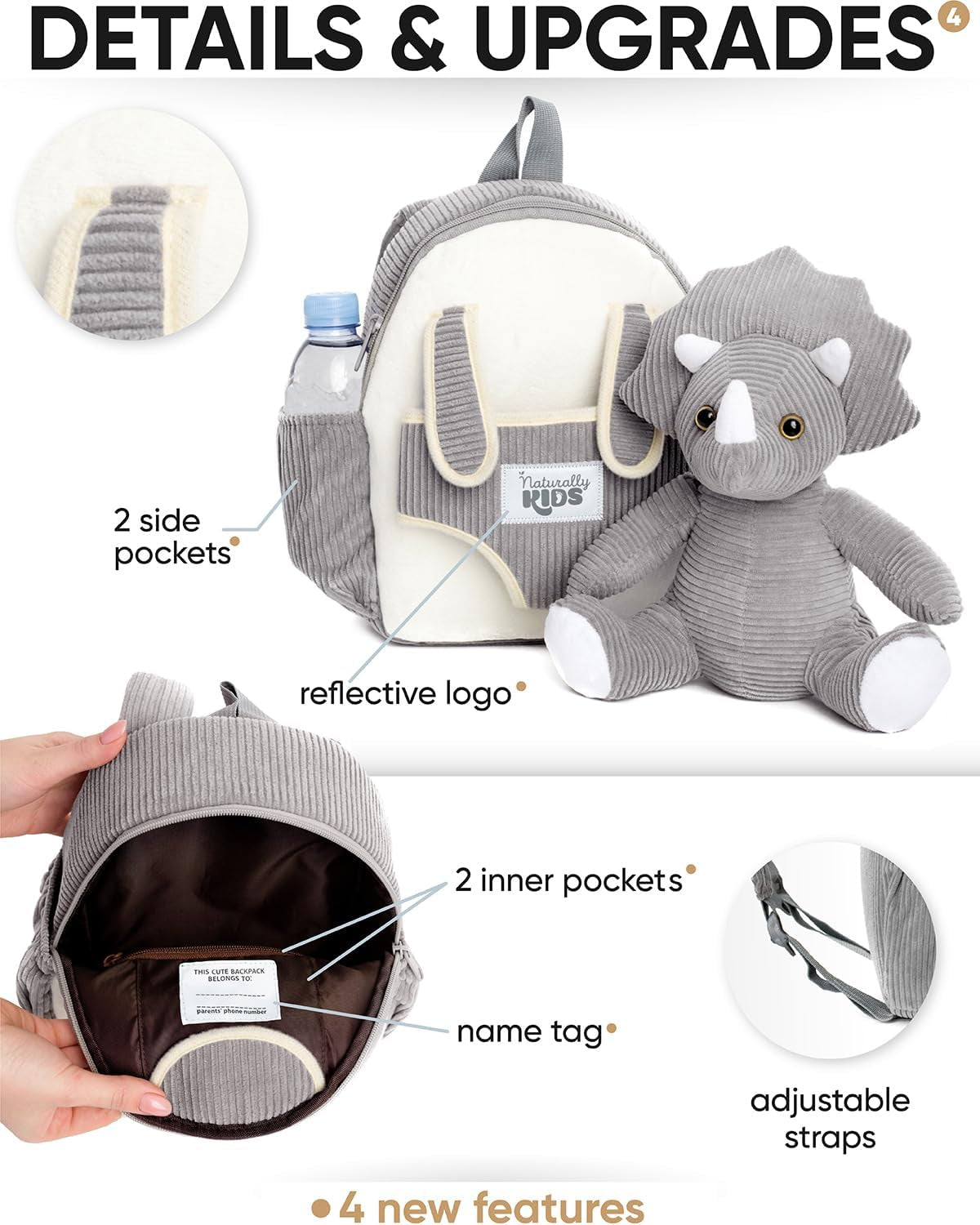 Grey Dinosaur Toys for Girls, Triceratops Toy, Dinosaur Gifts for 2 3 Year Old Girls, Toddler Backpack