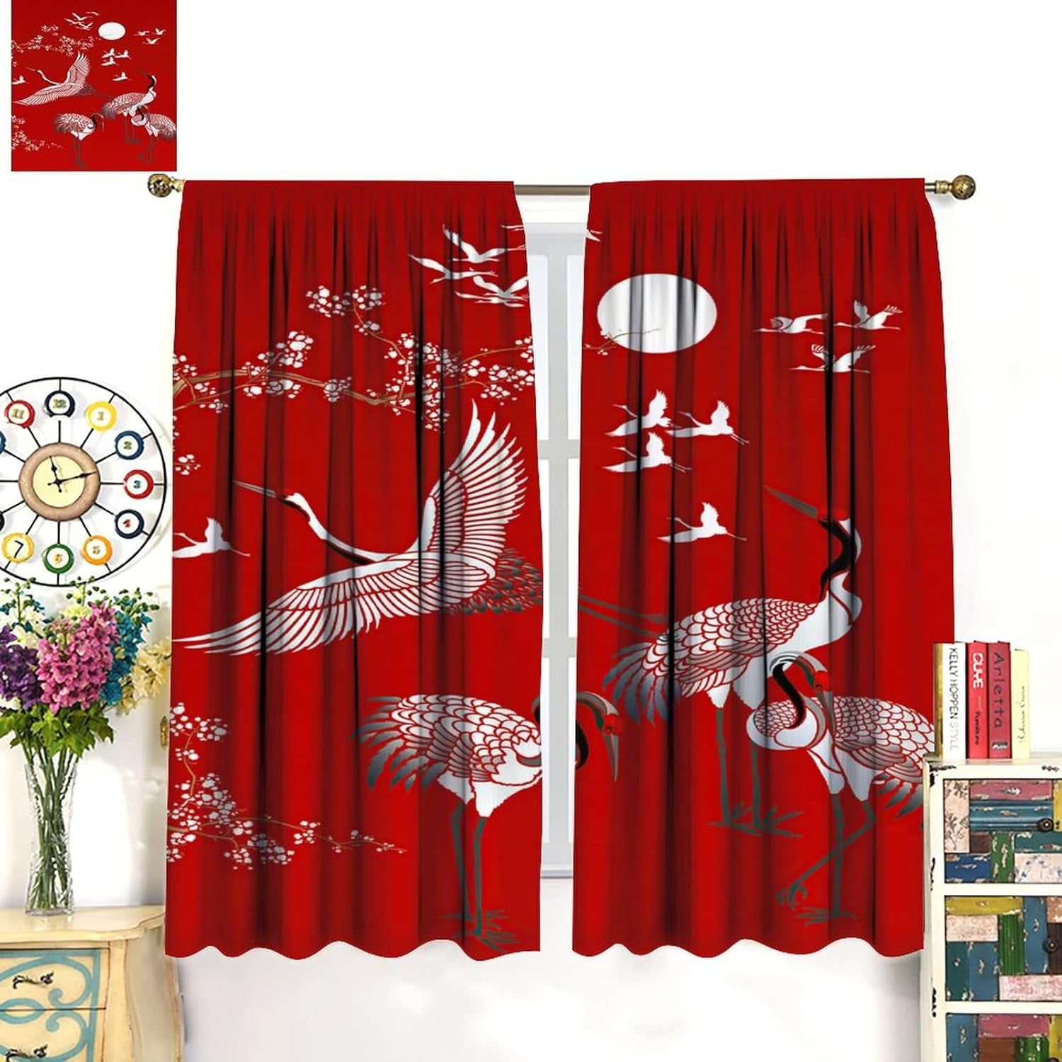 Japanese Style Blackout Curtains Crane Printed Curtains Cherry Blossoms Sunrise Decor Noise Reducing Curtain Blackout Draperies for Bedroom Window 42X63Inch(107X160Cm)