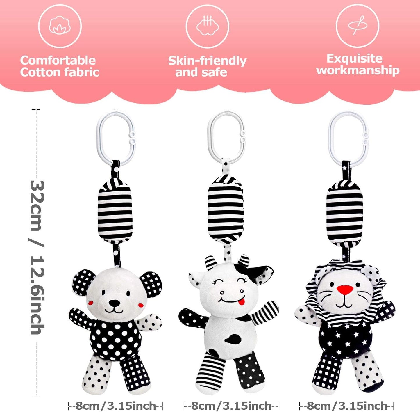 Baby Toy Cartoon Animal Stuffed Hanging Rattle Toys, Baby Bed Crib Car Seat Travel Stroller Soft Plush Toys with Wind Chimes, Best Birthday Gift for Newborn 0-18 Month