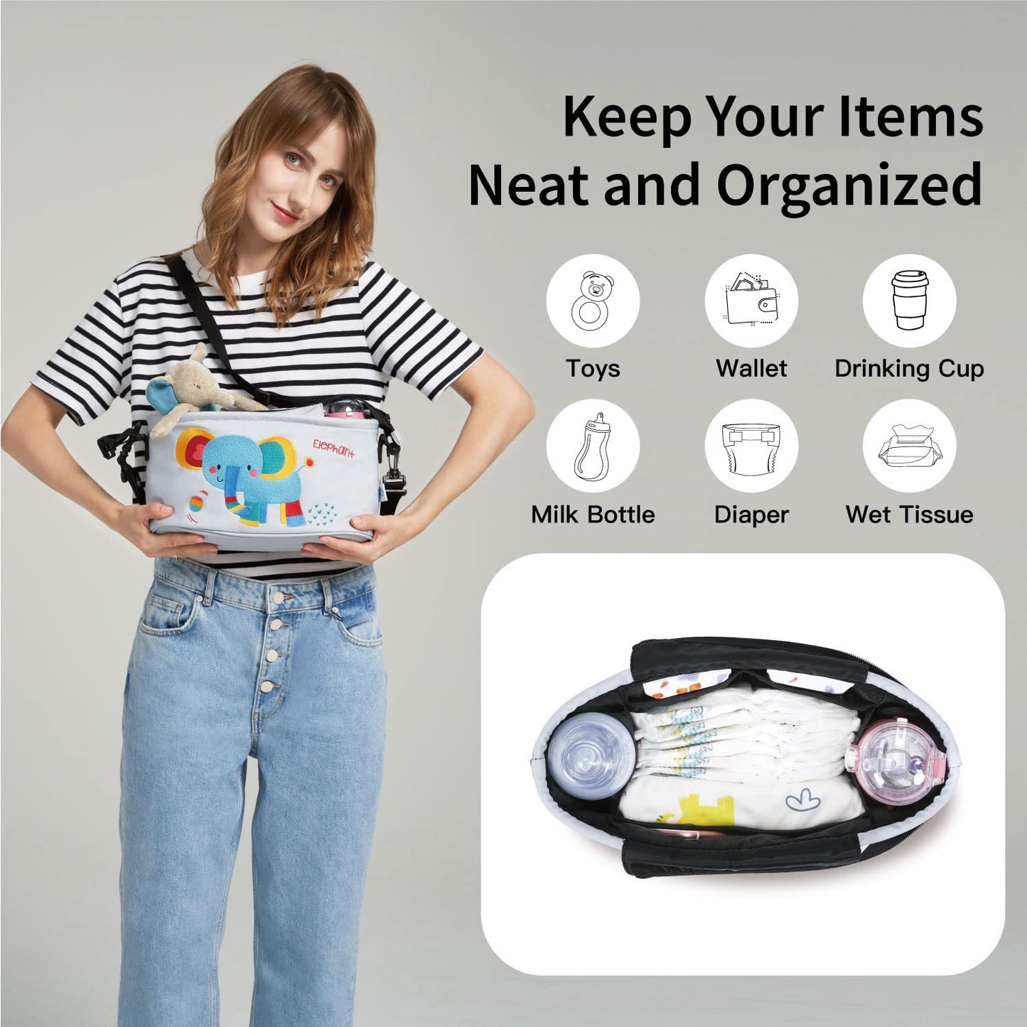 Stroller Organizer Diaper Bag Stroller Accessories Pack with Drink Holders and Zipped Pockets for Baby Stroller, Car, Shopping Cart. Fits All Major Strollers (Elephant)