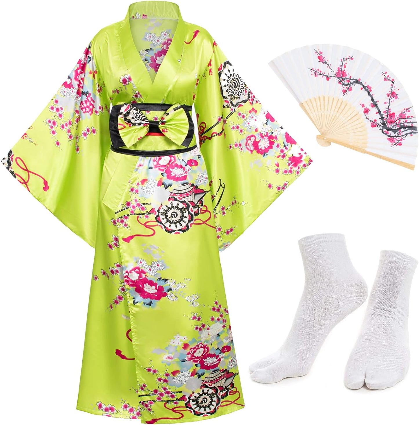 Japanese Anime Women'S Kimono Robe Geisha Yukata Sweet Dress Blossom Satin Bathrobe Sleepwear Fans Tabi Socks Set