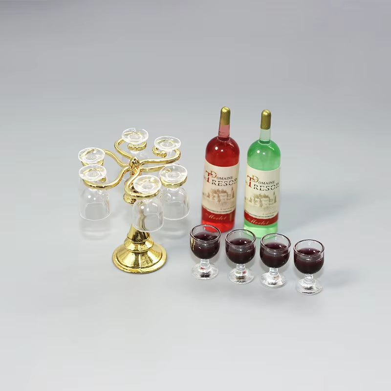 1 Set Miniature Dollhouse Bar Counter Mini Wine Bottle Champagne Glass Holder Rack Play Kitchen Furniture Toy Doll Accessories