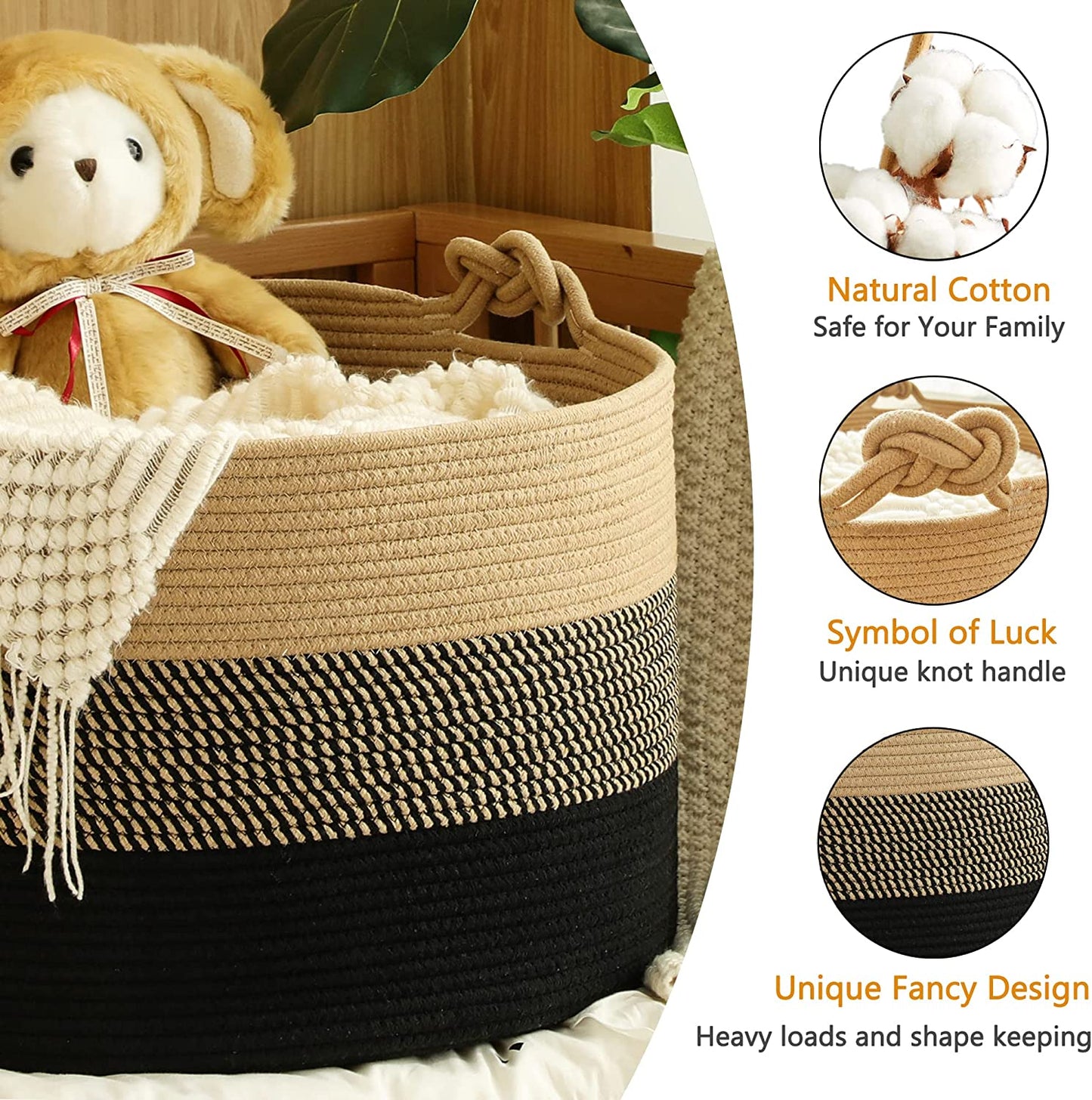 Large Blanket Basket (20"X13"),Woven Rope Baskets for Storage Baby Laundry Hamper, Cotton Rope Blanket Basket for Living Room, Laundry, Nursery, Pillows,Baby Toy Chest (Jute/Black)